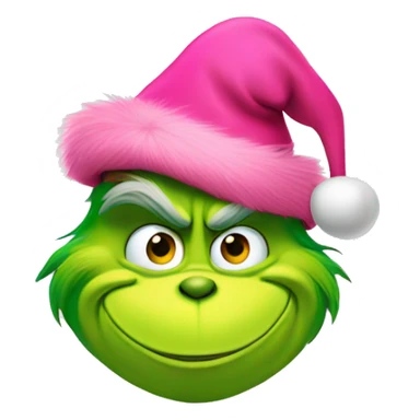 Grinch wearing pink Christmas hat with a smile and pink heart eyes sticker