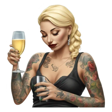 Hyper Realistic Beautiful tattooed woman crying drinking champagne  sticker