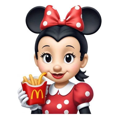 A classic picture of Minnie Mouse eating a mc Donald’s happy meal sticker