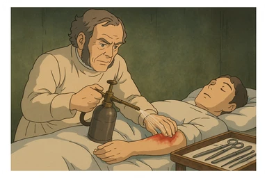 Joseph Lister, a surgeon from the late 1800s using a carbolic water spray during on operation on a patient's arm.. The water spray is being aimed at the open wound on the patient's arm.  There is a tray of operating tools to the side. sticker