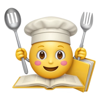 cheerful emoji holding an open cookbook, surrounded by kitchen utensils sticker