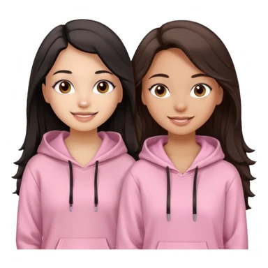 A pretty girl with light skin and long straight black brown hair, wearing a very light pink basic hoodie with brown eyes and makeup and a round face with another girl with tan skin and very wavy brown hair sticker