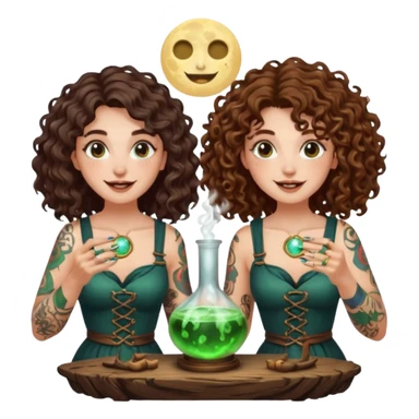 forest alchemist duo two women curly long hair tattooed and short brown hair mixing glowing moon potion together excited faces sticker