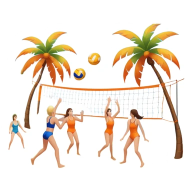 The scene captures a sunny sea beach atmosphere with clear blue sea and sky, palm trees swaying, and people in swimsuits enjoying the vibrant surroundings. A volleyball resting on the orange sand ground of a beach, with a volleyball net in the background.  sticker