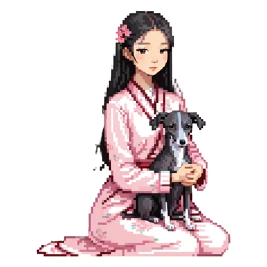 A young Chinese girl with long black hair and a pure dark grey Italian Greyhound with absolutely NO white markings anywhere on its body sitting under a cherry blossom tree. The dog must be completely solid dark grey with no white on muzzle, paws, or chest. sticker