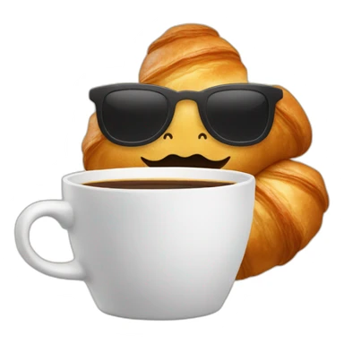 A croissant with a face with a mustache that drinks a cup of coffee sticker