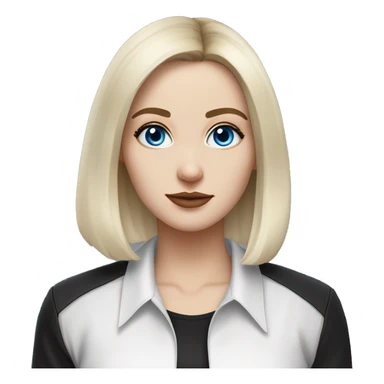 waist-length portrait, look up, Slavic adult woman, goth eyes makeup, blue eyes, medium bob black-to-blonde ombre straight hair, white T-shirt and black office jacket. sticker