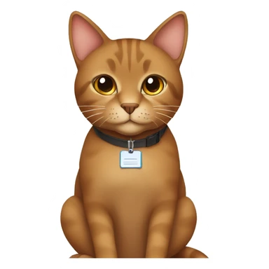 brown cat with a name tag saying avgustina sitting at a desk infront if a laptop sticker