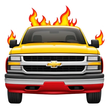 Bright yellow 1997 Chevrolet C-2500 Crew Cab Silverado from Kill Bill with red flame decals on the front hood, 30-degree view showing flames clearly, iOS emoji style sticker