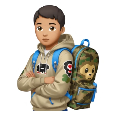 blasian teenager with bape hoodie and sprayground backpack sticker