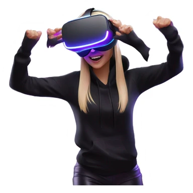 Russian girl wearing black hoody with violet letters "OMG", in vr headset oculus quest2. Dancing. Cyberpunk style. Violet neon. sticker