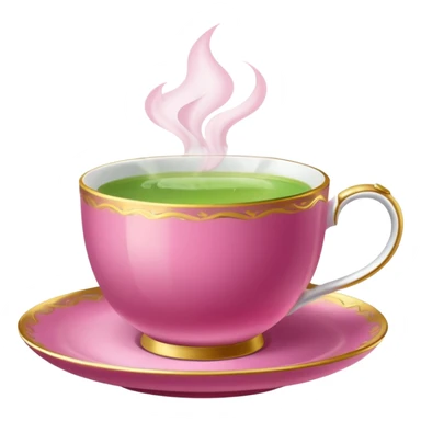 dark pink teacup filled with green tea, placed on a matching pink saucer, with gentle steam rising from the cup, golden details sticker