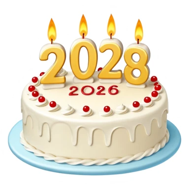 A festive New Year cake with lit candles shaped as the number 2026,
warm lighting, celebratory atmosphere,
soft background, high quality, clean composition sticker
