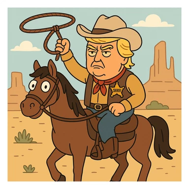 Donald Trump as a cowboy, riding a horse, with a sheriff badge, western desert background, cartoon style sticker