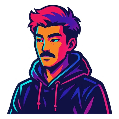Asian man with black mustache, red hair, black hoodie, in vibrant neon-lit 80's cyberpunk anime style sticker