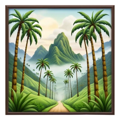 Cinematic Realistic Cocora Valley Landscape Emoji, depicted with towering wax palm trees in a lush, misty valley rendered with rich textures and dynamic, natural lighting. sticker
