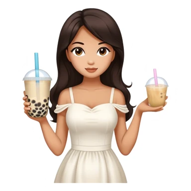 Beautiful woman in 1965’s woman fashion look, white dress, long dark brown hair, bubble tea sticker