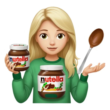 Blond woman with white and green pullover holds in one hand a big carriage of Nutella and in the other hand a oversized spoon which is inside the jar of Nutella. Her hair is long. And the Nutella jar is very big sticker