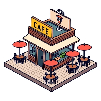 isometric corner cafe shop with outdoor seating and umbrellas sticker