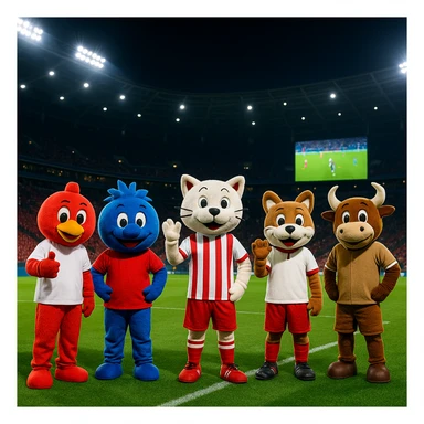 Nighttime soccer stadium scene with bright lights, green grass, and five mascots in a row: red and white on the left, blue and red in the center, white and red striped next to it, brown and white on the far right. Empty red seats, a big screen showing a soccer match, distant crowd, and modern architecture create a lively, fun sports event atmosphere. sticker