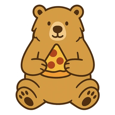 flat toon style blonde grizzly bear sitting, full body, holding a slice of cheese pizza sticker
