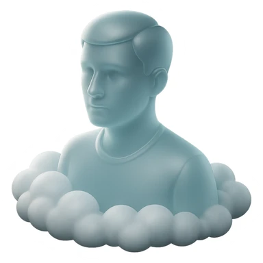 person looking straight, shoulders immersed in fluffy convex white clouds sticker