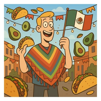 playful cartoon of a tall white American with blonde hair, colorful poncho, smiling, holding taco and avocado, waving Mexico flag, surrounded by tacos and avocados, street party scene sticker