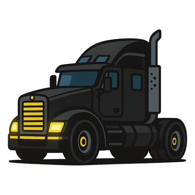 Change the 2026 Kenworth Sleeper semi truck to black color, keep the cartoonish vibrant style, side view, headlights on, no background. sticker