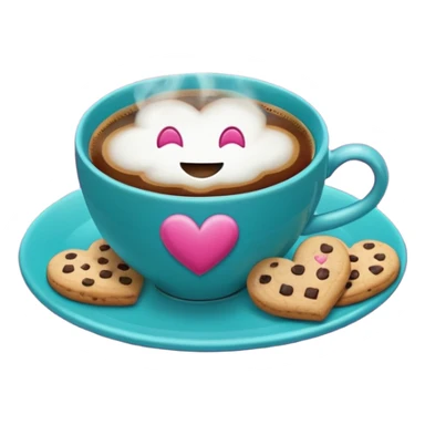 cup of coffee, steaming, the smoke should come out in the shape of a heart, the color of the cup is fuchsia, the cup has a happy face printed on it, the cup rests on a turquoise blue plate, and there are cookies and sugar cubes around the cup. sticker