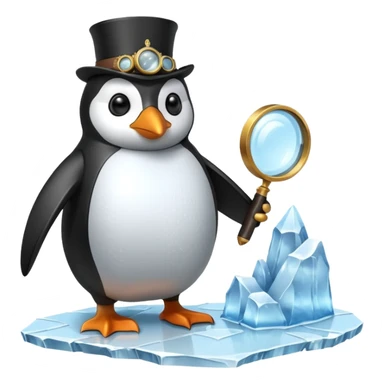 a steampunk engineer penguin analysing a matrix-like data stream descending from the sky, with a magnifying glass on top of an iceberg sticker
