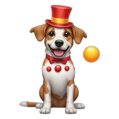 A dog dressed as a clown juggling sticker