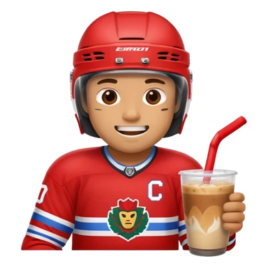 hockey player wearing red drinking an iced coffee wearing a helmet with missing teeth   sticker