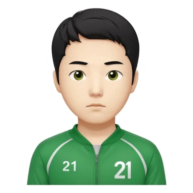 "Illustrate Cho Sang-woo (Player 218), Korean male, neat black hair, serious face, green tracksuit with number 218 bold on chest & sleeve.. sticker