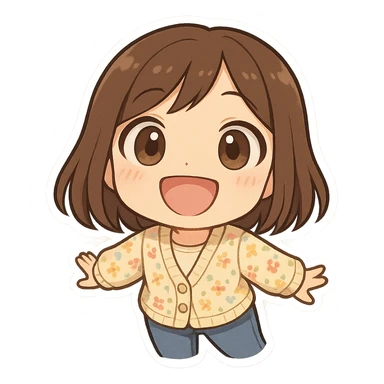 chibi sticker of a girl with brown straight hair and brown eyes, wearing a pastel floral cardigan and jeans, wide fish-eye smile close to the camera, white outline, transparent background, 512x512px sticker