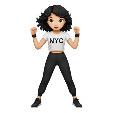Make a girl with black wavy hair wearing a white top that says NYC in black writing and just black pants and make her punch sticker
