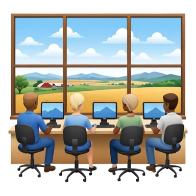 Employees of a startup company working on their computers while looking out the window at the rural landscape.  sticker