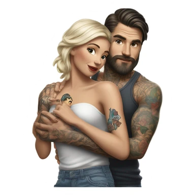 Hyper Realistic beautiful woman in the arms of a very handsome tattooed man playing  sticker