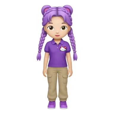 hello kitty wearing purple polo shirt and kyaki pants with long fishtail braids baddie with 2025 efect sticker