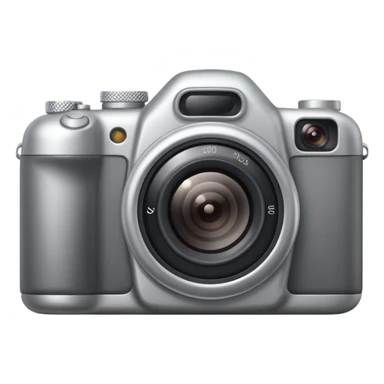 A minimalistic emoji of a camera in Apple iPhone emoji style. Flat design, smooth gradients, rounded edges, soft shadows, high resolution, clean and simple look. Neutral gray and black tones with a blue lens reflection. White background, no text sticker