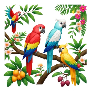 Close-up collage of vibrant Ara parrots and Inca cockatoos sitting on tree branches, surrounded by lush greenery. Bright colors of the birds stand out against a natural, sunny background of trees, flowers and fruits. Transparent background. sticker