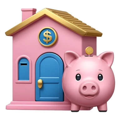 A clean emoji-style icon: A piggy bank with a coin, placed in front of a small bank building. The bank symbolizes company pension and financial security. Rounded forms, flat colors, minimal details like a standard emoji. sticker