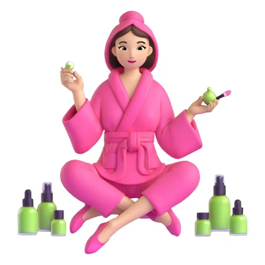 girly girl in pink robe sitting with makeup, perfume, and matcha sticker