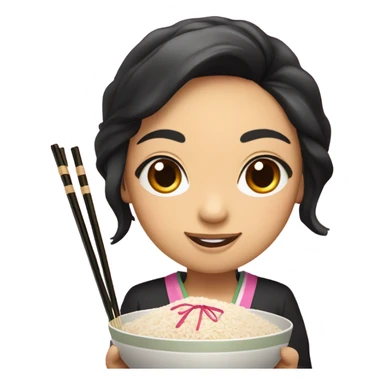 Asian girl with small eyes and black long hair with pink highlights smiles while holding rice bowl and chopsticks sticker