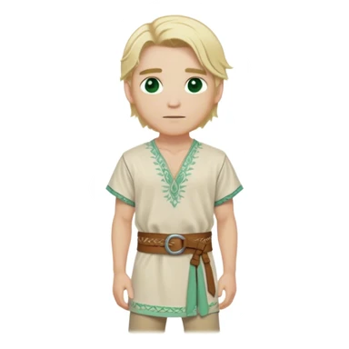 Medieval summer outfit worn by a DnD themed fantasy male character. Light cotton tunic in natural cream color with short sleeves, embroidered with simple floral patterns at the hem, paired with a thin leather belt. Clothes only above the waist, full waist coverage. The character has no arms. Character is white-skinned with sun-bleached blonde hair in shoulder-length layers, partially tied back with a leather cord, sea-green eyes, and defined cheekbones. sticker