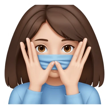 brunette girl with brown hair wearing pastel blue clothes covering her face with her hand sticker