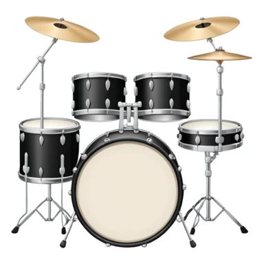 Minimalistic flat vector icon, iOS style, thin black contour on white background. Drum set with two drumsticks above. Clean, no text, no shadows sticker
