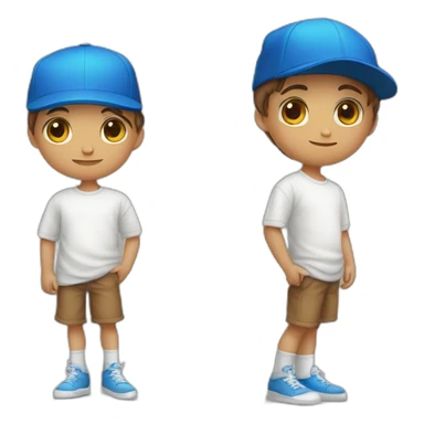 Niño con ojos azules, color castaño, piel blanca, con gorra blanca, vestimenta de sudadera sticker