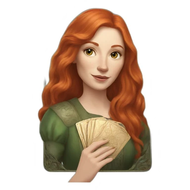 redhead white woman medium long straight hair, holding a tarot card in her hand sticker