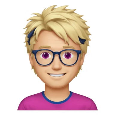 A blond guy with messy hair is smiling. He wear black and dark blue glasses and a fushia T-shirt.  sticker