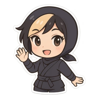 Chibi ninja girl with black short hair and a blonde streak, big head, small body and arms, not overly round or infant-like, cute and playful, anime-style face with large expressive eyes, small nose and mouth, subtle blush, hand fully raised, waving to the left, smiling, pastel colors, soft shading, clean outlines, no mask, transparent background, face looks sexy with slightly parted lips, confident gaze, longer lashes, subtle contouring, for animation frame 3 sticker